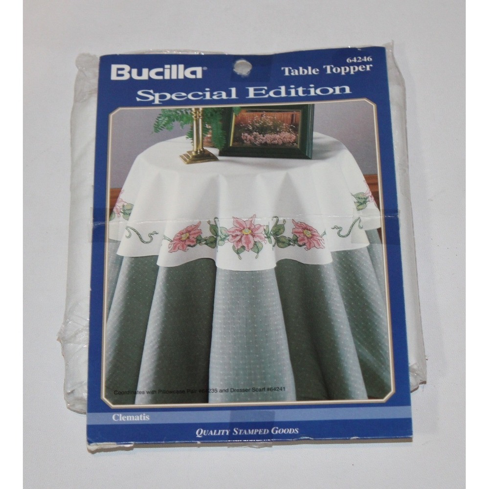 Bucilla Table Topper Stamped Cross Stitch Kit 64246 Clematis 40" round white USA
